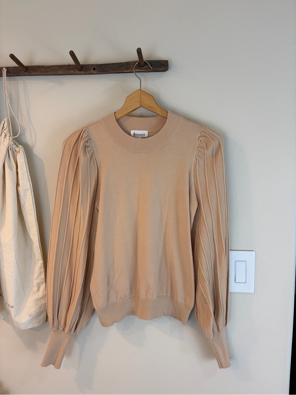 & Merci Minimal Effort Pleated Blouse Sweater Small Taupe